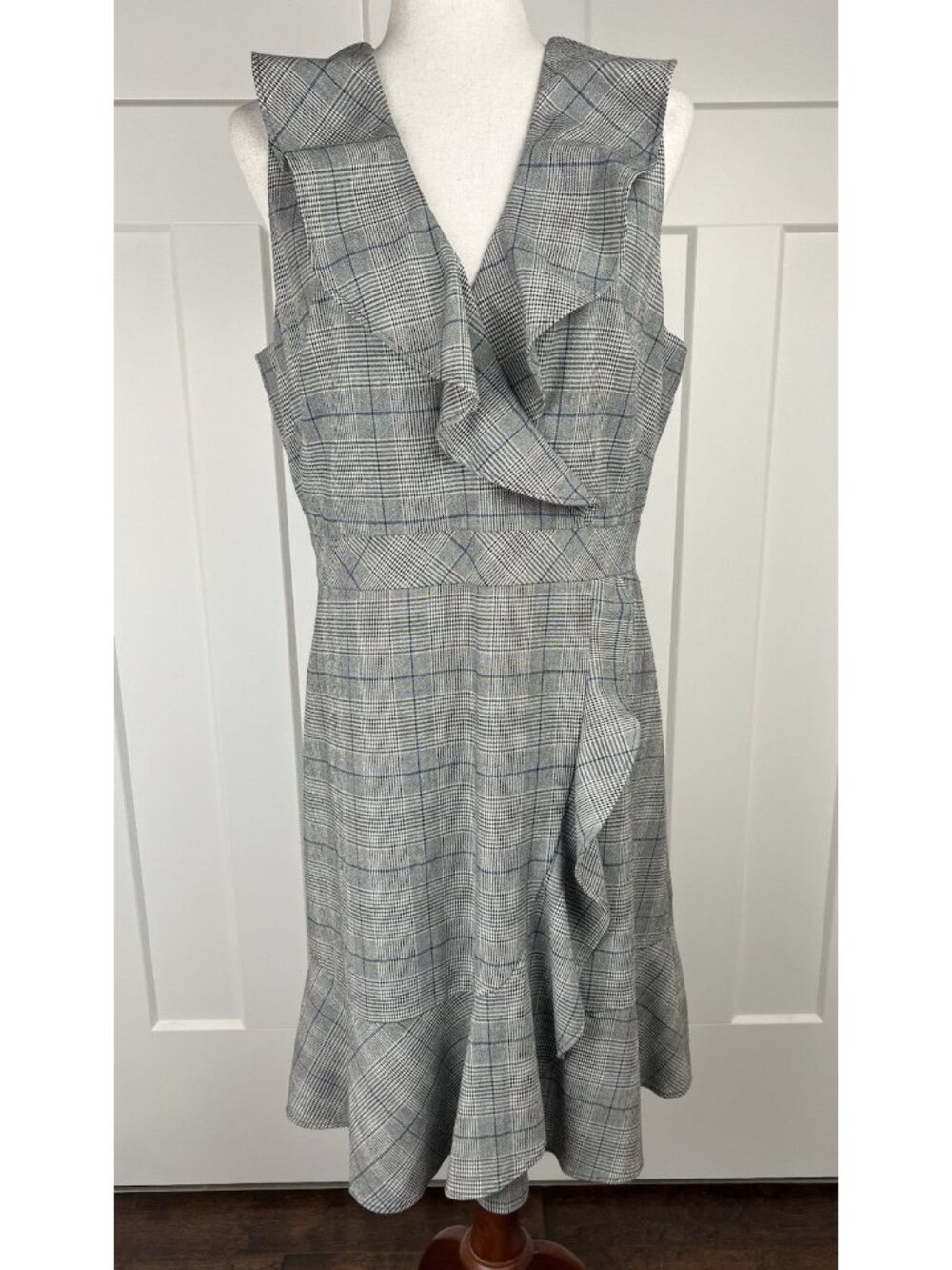 Kate Spade Dress 14 Glen Plaid Houndstooth Ruffle Faux Wrap Fit Flare Lined Midi